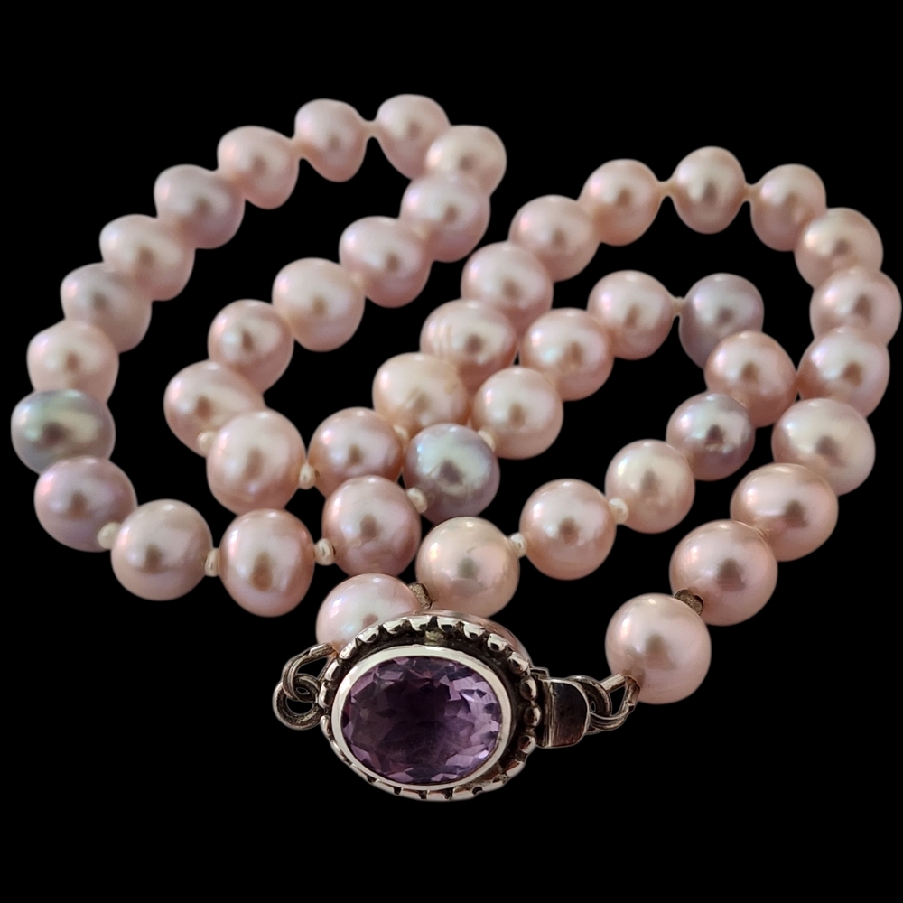 Vintage Pearl Pale Pink Necklace Amethyst Solid Sterling Silver Clasp A0014 -Q2